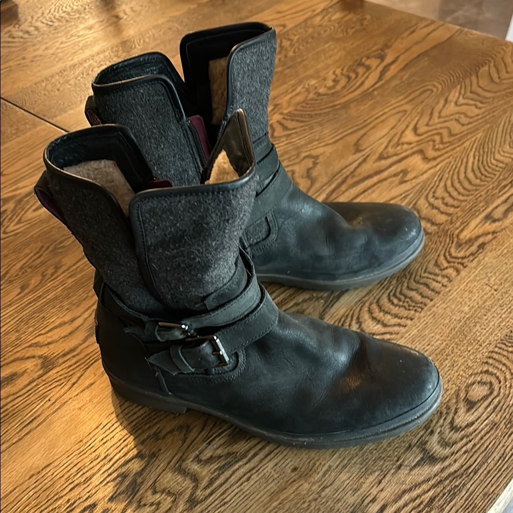 Ugg Grey & Black Leather Boots with Buckle Detail
